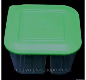 Пластиковый квадратный контейнер-лоток 0.8л на две секции с жесткой крышкой (разные цвета крышки)